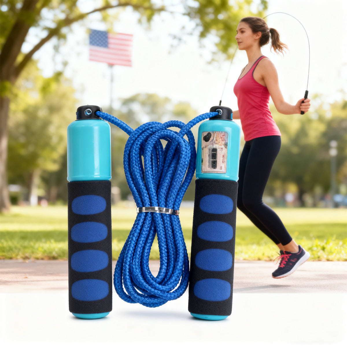 Blue jump rope with built-in counter