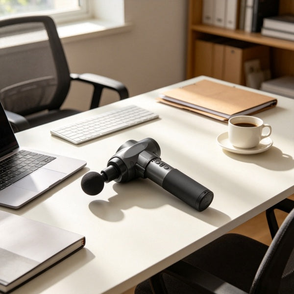 Deep-tissue massage gun beside a laptop in a home office