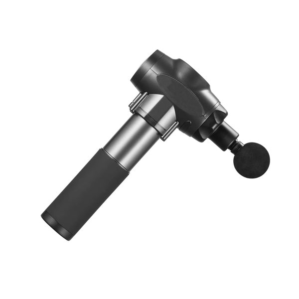 Black percussion massage gun with round attachment on white background