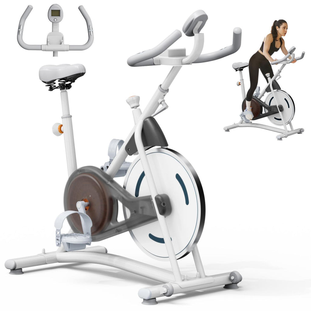 White magnetic exercise bike with digital display for home cardio workouts