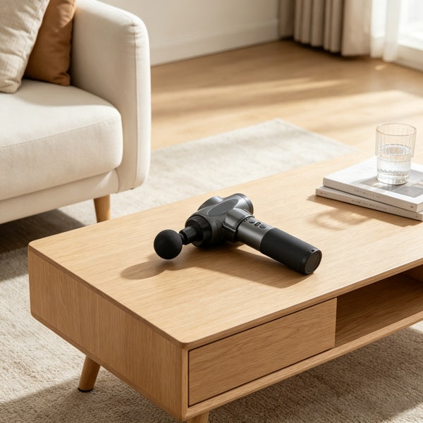 Deep-tissue massage gun displayed on a coffee table at home