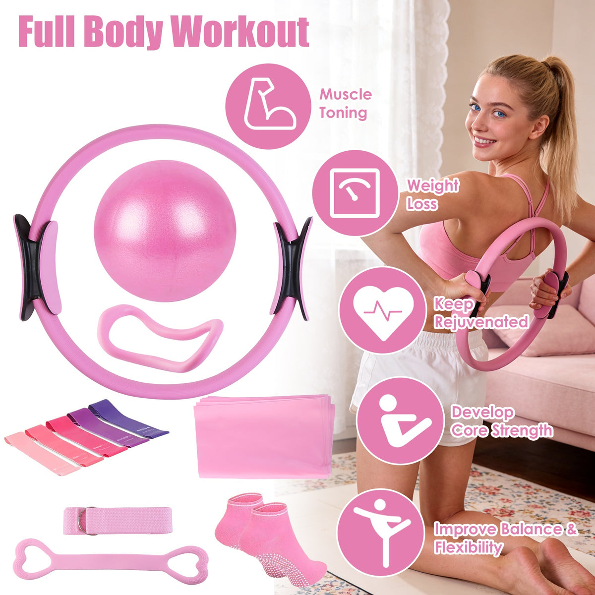 Pilates ring and home workout accessories in pink