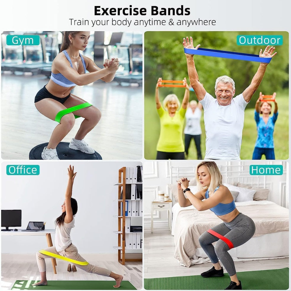 Woman exercising with flat resistance bands during a home workout