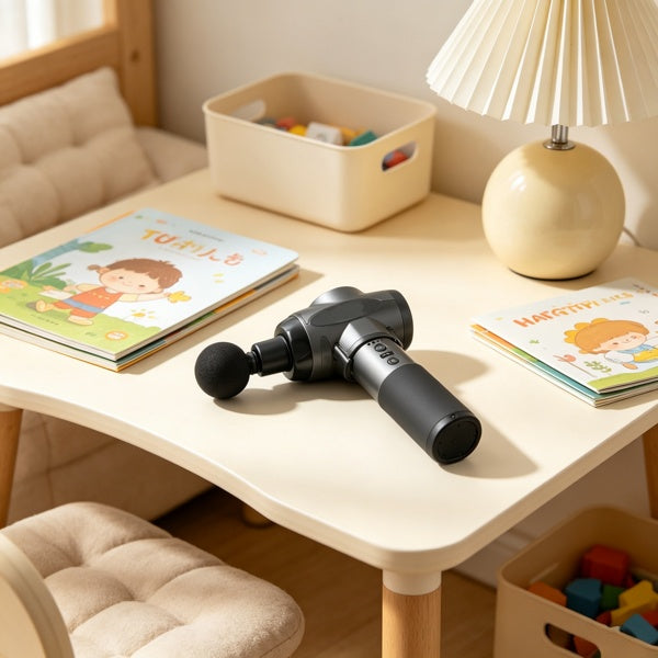 Compact massage gun displayed on a table in a bright home interior