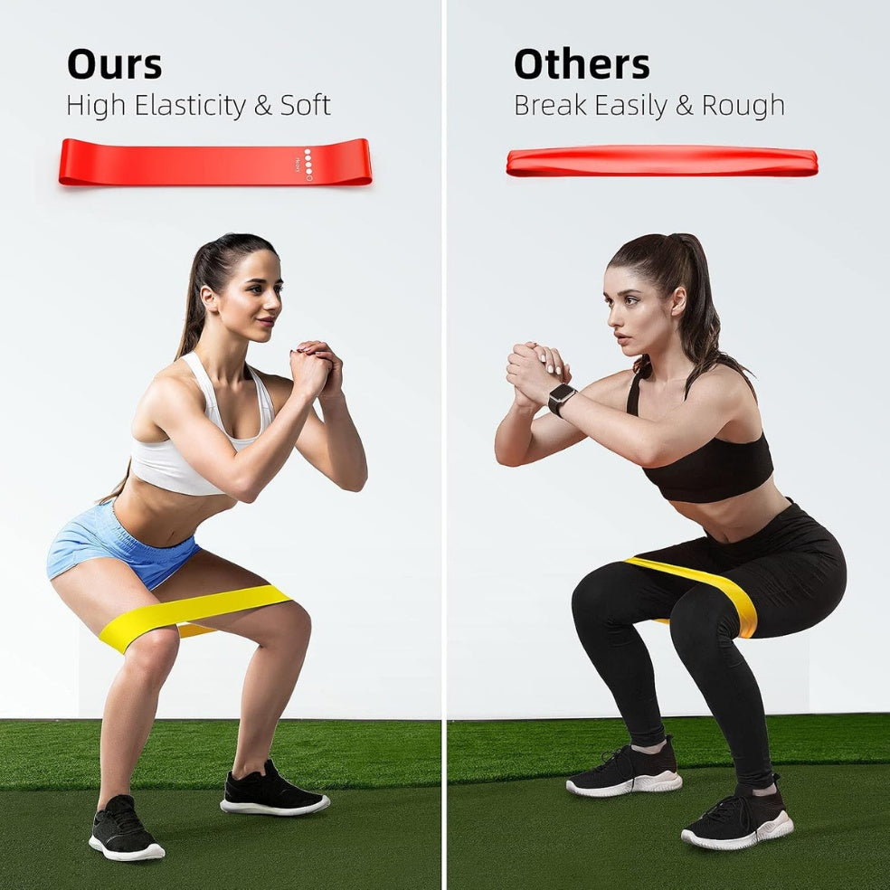 Two women demonstrating resistance band squat exercises