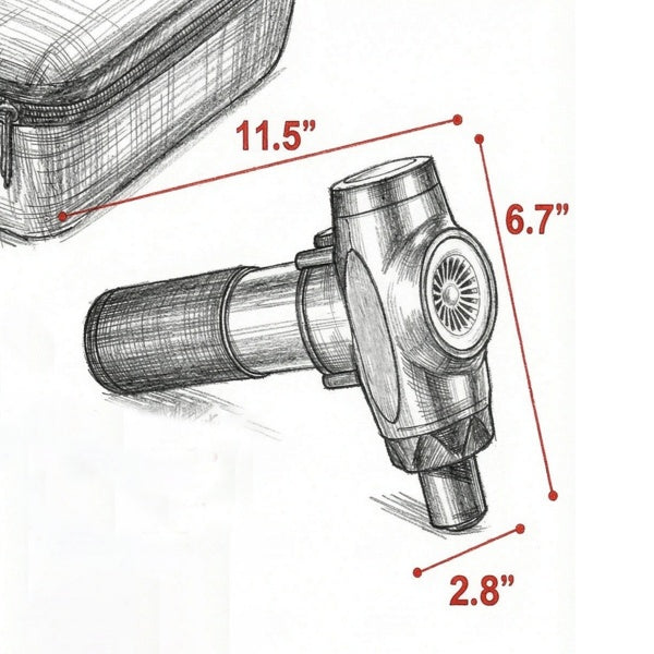 Massage gun dimensions showing 11.5 by 6.7 by 2.8 inches
