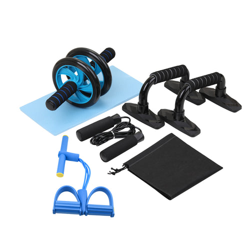 Seven-piece home fitness kit with ab roller, push-up bars and resistance accessories