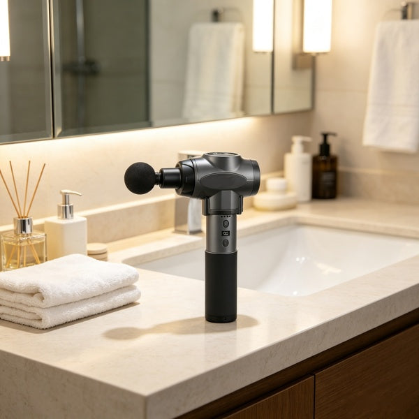 Deep-tissue massage gun standing on a bathroom counter