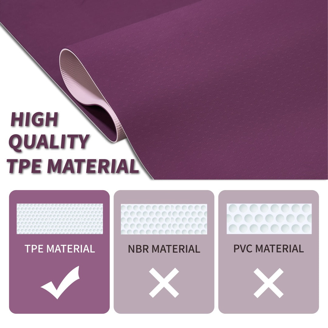 Purple TPE yoga mat rolled and laid flat