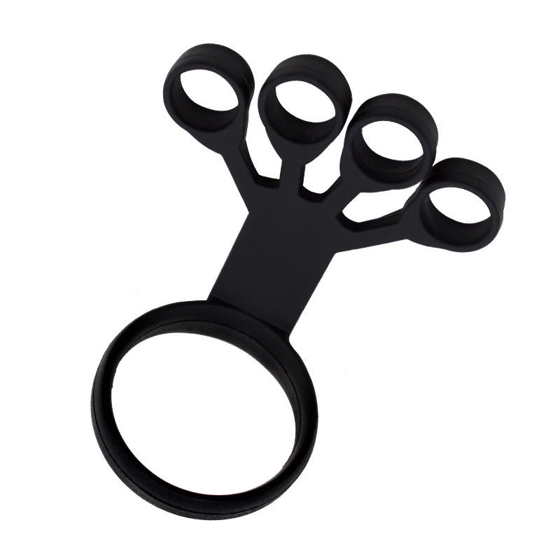 Black silicone finger extensor trainer with finger loops and wrist loop on a white background