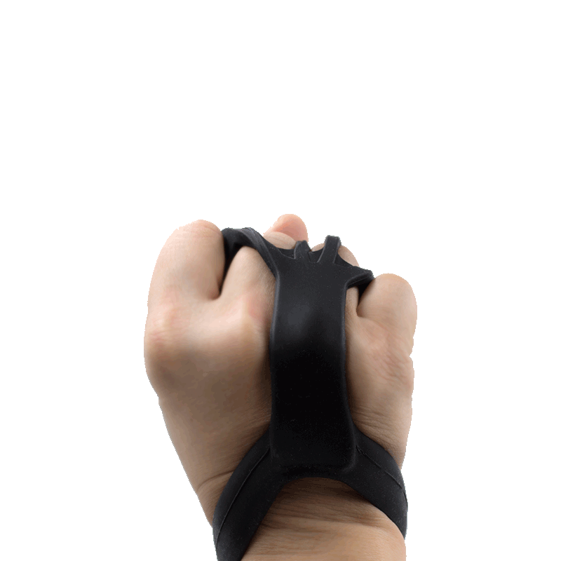 Hand opening and closing against resistance with a black silicone finger trainer