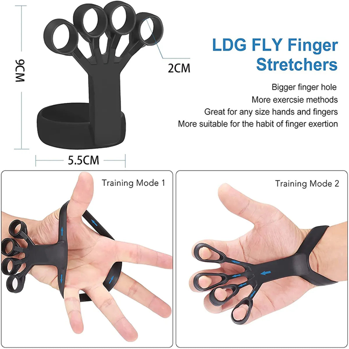 Black silicone finger trainer with dimensions and two illustrated finger exercise positions