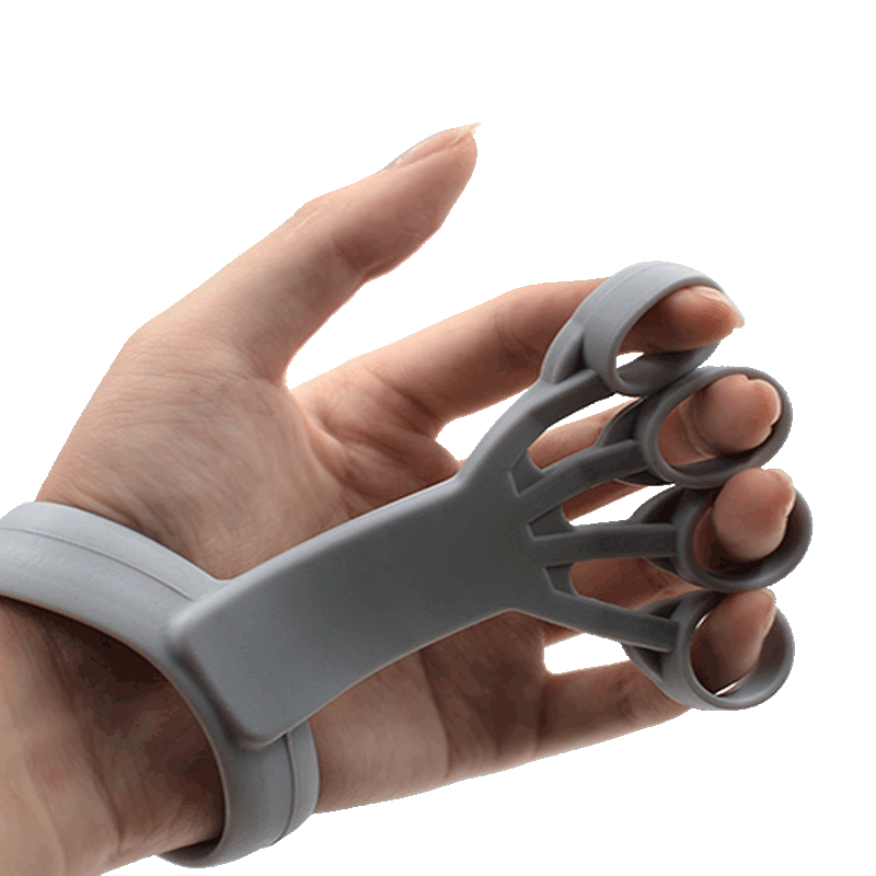 Hand demonstrating finger-opening exercises with the grey silicone finger trainer