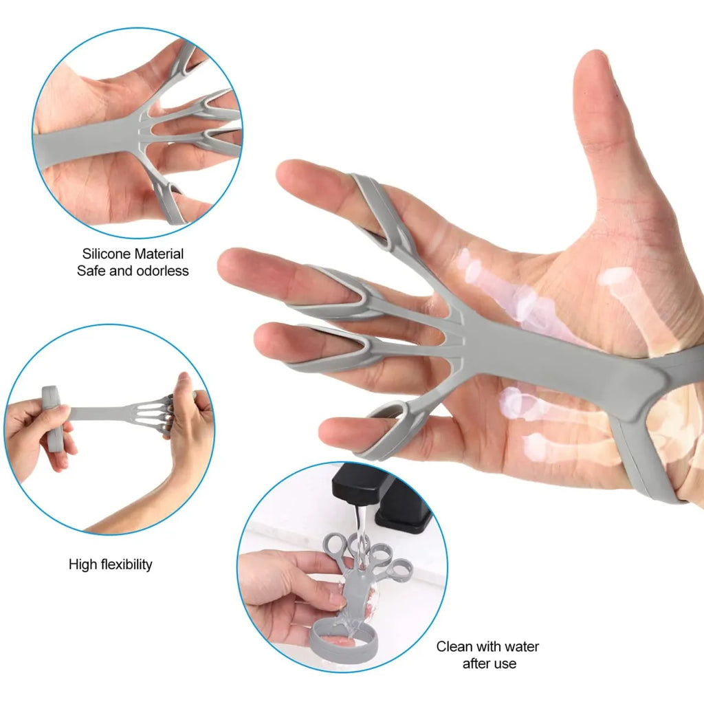 Grey silicone finger trainer showing flexible material, finger extension and rinsing with water